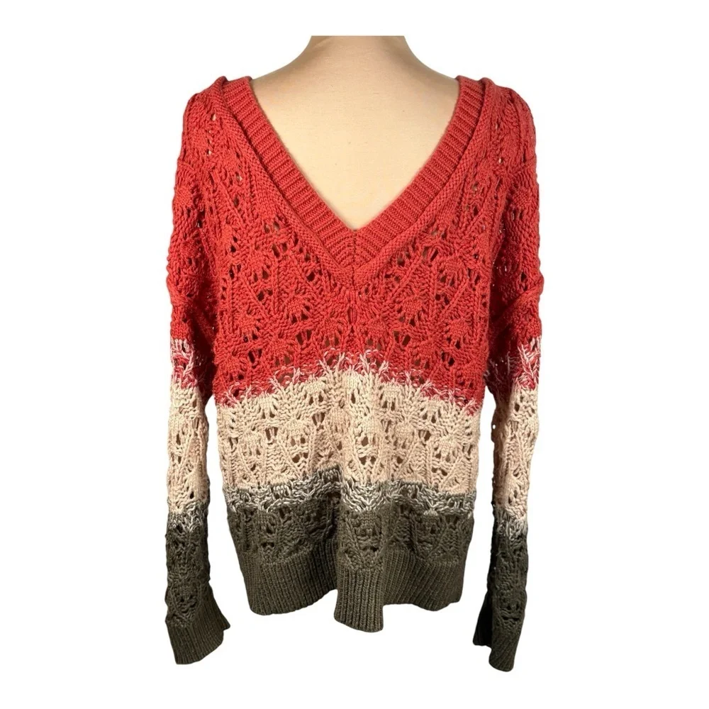 Anthropologie POL Loose Knit Color Block Crochet V-Neck Sweater, Slouchy Medium